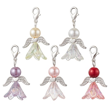 Angel Acrylic & Glass Pearl Pendant Decoration, Lobster Claw Clasps Charms for Bag Ornaments, Mixed Color, 38mm