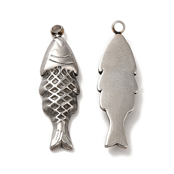 304 Stainless Steel Pendants, Fish Charm, Stainless Steel Color, 23x7x2.5mm, Hole: 1.5mm