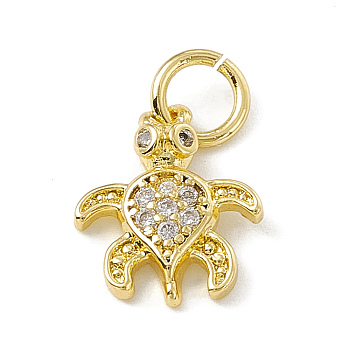 Brass Micro Pave Cubic Zirconia Charms, with Jump Ring, Tortoise Charm, Real 18K Gold Plated, 12.5x10x2.5mm, Hole: 3mm