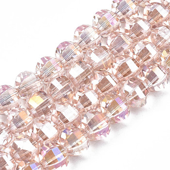 Electroplate Transparent Glass Beads Strands, Faceted, Round, Pink, 9.5x8.5mm, Hole: 1.5mm, about 65~70pcs/strand, 22.05 inch~23.62 inch(56~60cm)