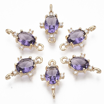 Glass Links connectors, with Brass Micro Pave Cubic Zirconia, Faceted, Oval, Light Gold, Blue Violet, 17.5x10x5mm, Hole: 1.2mm