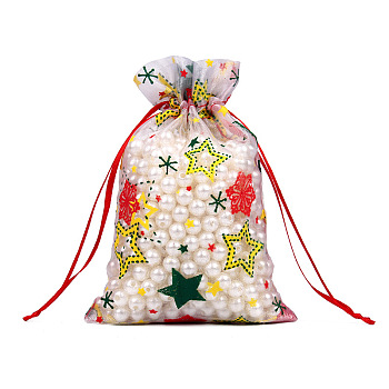Christmas Theme Rectangle Printed Organza Drawstring Bags, with Glitter Powder, white, Star Pattern, 15x10cm