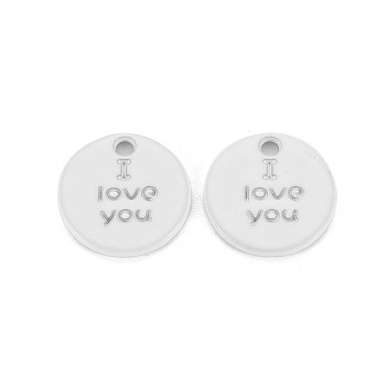 Spray Painted Alloy Charms for Valentine's Day, Cadmium Free & Lead Free, Flat Round with Phrase I Love You, White, 13x13x1.5mm, Hole: 1.6mm