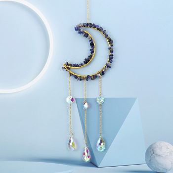 Glass & Brass Moon Pendant Decorations, Suncatchers, Rainbow Maker, with Chips Lapis Lazuli, for Home Decoration, 520mm