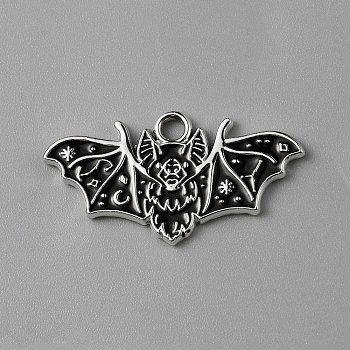 Halloween Alloy Enamel Pendants, Platinum, Bat Charm, Black, 13.5x25.5x1mm, Hole: 2mm