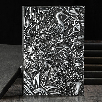 3D Embossed PU Leather Notebook, A5 Peacock Pattern Journal, for School Office Supplies, Antique Silver, 215x145mm