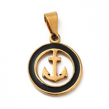Vacuum Plating 201 Stainless Steel Enamel Pendants, Ring with Anchor, Golden, 21x17.5x2mm, Hole: 7x4mm