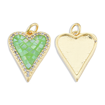 Brass Micro Pave Clear Cubic Zirconia Pendants, with Jump Rings and Shell, Enamel, Real 18K Gold Plated, Nickel Free, Heart, Light Green, 20x14.5x3mm, Jump Ring: 5x1mm, 3mm inner diameter