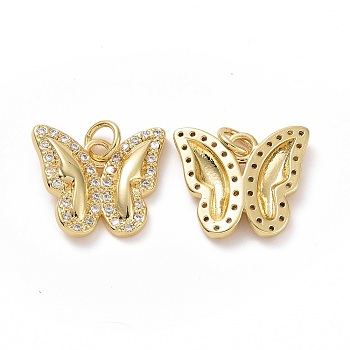 Brass Cubic Zirconia Pendants, Butterfly Charm, with Jump Ring, Golden, 14x16x3mm, Hole: 3.5mm