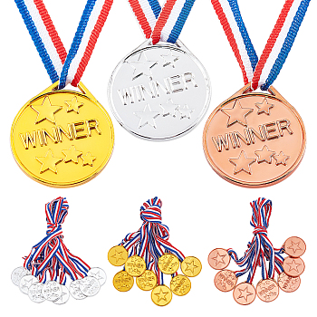 24Pcs 3 Colors Plastic Sports Meet Medals, with Polyester Cord, Flat Round with Star & Word Winner, Mixed Color, 10-7/8 inch(27.5cm), 8pcs/color
