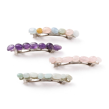 Iron Hair Barrette, with Natural Gemstone Beads, 61~65x12x13~15mm