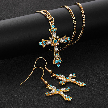 Cross Alloy Indicolite Rhinestone Pendant Necklaces & Dangle Earrings Sets, Golden, 460mm