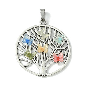 Antique Silver Tone Alloy Pendants, Tree of Life Charms with Resin Butterfly Cabochons and 304 Stainless Steel Snap on Bails, Colorful, 42.5x38x5mm, Hole: 7.5x4mm