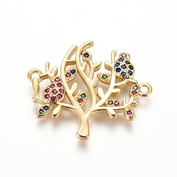 Brass Micro Pave Cubic Zirconia Links connectors, Tree, Colorful, Golden, 20.5x24.5x2.5mm, Hole: 1.2mm