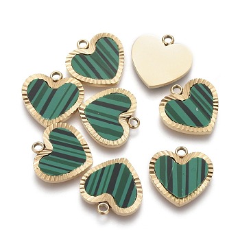 316 Surgical Stainless Steel Charms, with Acrylic, Stripe Heart, Golden, Green, 11x12x1.5mm, Hole: 1.2mm