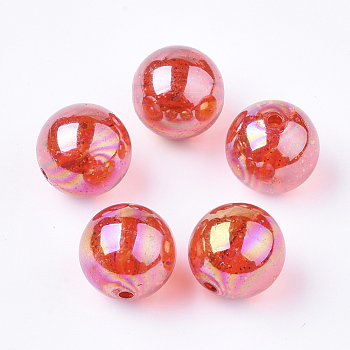 Transparent Acrylic Beads, with Glitter Powder, Glitter Beads, Round, Red, 19~19.5x19mm, Hole: 2.5mm, about 110pcs/500g