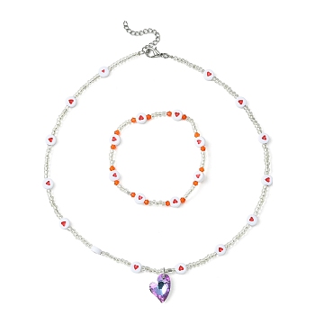 Acrylic and Glass Seed Heart Beaded Stretch Bracelet & Pendant Necklace, Jewelry Sets, Red, 2-1/8 inch(5.5cm), 16-3/8 inch(41.5cm)