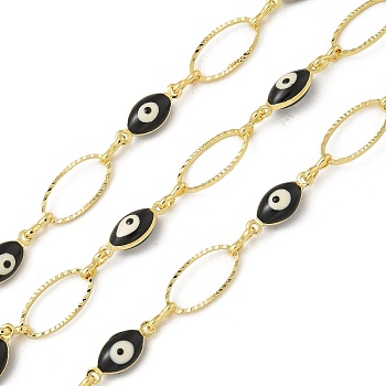 Rack Plating Brass Enamel Link Chains, Long-Lasting Plated, Unwelded, Real 18K Gold Plated, Oval with Evil Eye, Black, 13~13.5x5~7x0.8~4mm