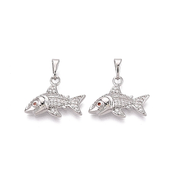 Brass Micro Pave Cubic Zirconia Pendants, Shark Charms, Platinum, 16x20x4mm, Hole: 6x3mm