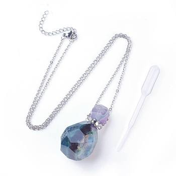 Natural Fluorite Openable Perfume Bottle Pendant Necklaces, with 304 Stainless Steel Cable Chain and Plastic Dropper, Bottle, Size: about 34~40 long, 15~20mm wide