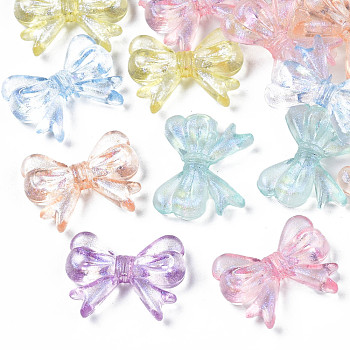 Transparent Acrylic Beads, Glitter Powder, Bowknot, Mixed Color, 14x18x4.5mm, Hole: 1.6mm