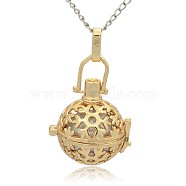 Golden Tone Brass Hollow Round Cage Pendants, with No Hole Spray Painted Brass Ball Beads, Silver, 35x25x21mm, Hole: 3x8mm(KK-J232-10G)