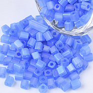 6/0 Transparent Glass Seed Beads, Frosted AB Colours, Square Hole, Cube, Blue, 6/0, 3~5x3~4x3~4mm, Hole: 1.2~1.4mm, about 4500pcs/bag(SEED-S027-03B-04)