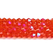 Transparent Electroplate Glass Beads Strands, AB Color Plated, Faceted, Bicone, Red, 2.9~3.3x2.5mm, Hole: 0.7mm, about 145~150pcs/strand, 16.34~16.54 inch(41.5~42cm)(EGLA-A039-T2mm-L14)