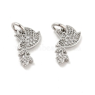 Pigeon with Leaf Brass Micro Pave Clear Cubic Zirconia Charms, with Jump Rings, Cadmium Free & Lead Free, Platinum, 13.5x7.5x1.5mm, Hole: 3mm(KK-G425-13P)