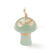 Natural Green Aventurine Copper Wire Wrapped Pendants, Mushroom with Vortex Charm, Light Gold, 29x16.5mm, Hole: 3~4mm(PALLOY-TA00006-02)