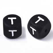 Food Grade Eco-Friendly Silicone Beads, Horizontal Hole, Chewing Beads For Teethers, DIY Nursing Necklaces Making, Cube, Black, Letter.T, 12x12x12mm, Hole: 2mm(SIL-T055-T)