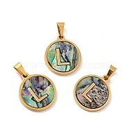 Vacuum Plating 304 Stainless Steel with Paua Shell Pendants, Golden, Flat Round with Letter Charm, Letter.L, 18x16x1.5mm, Hole: 3x6mm(STAS-G268-02L-G)
