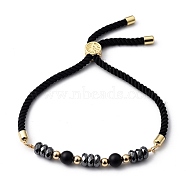 Adjustable Slider Bracelets, Nylon Cord Bracelets, with Natural Black Agate(Dyed & Heated) Beads, Non-Magnetic Synthetic Hematite Beads and Brass Beads, Golden, Inner Diameter: 3/4 inch~3-1/8 inch(2~8cm)(BJEW-JB05459-01)