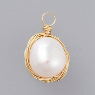 Natural Baroque Pearl Keshi Pearl, Cultured Freshwater Pearl Pendants, with Real 18K Gold Plated Copper Wire, Oval, Seashell Color, 17~22x11mm, Hole: 2.5mm(PALLOY-JF00409)