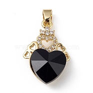 Real 18K Gold Plated Rack Plating Brass Micro Pave Clear Cubic Zirconia Pendants, with Glass, Long-Lasting Plated, Cadmium Free & Lead Free, Heart Charm, Black, 24x16x8mm, Hole: 5mm(KK-C015-30G-16)
