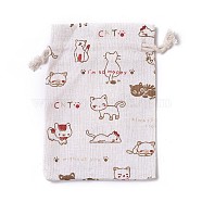 Burlap Kitten Packing Pouches, Drawstring Bags, Rectangle with Cartoon Cat Pattern, White, 14.3~14.6x10~10.2cm(ABAG-I001-01D)