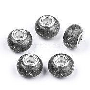 Epoxy Resin European Beads, Large Hole Beads, with Glitter Powder and Platinum Tone Brass Double Cores, Rondelle, Gray, 14x9mm, Hole: 5mm(RPDL-N015-02A)