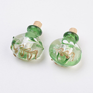 Handmade Silver Foil Lampwork Perfume Bottle Pendants, Essential Oil Bottle, with Gold Sand, Yellow Green, 29.5~30mm, Hole: 5mm, Bottle Capacity: 0.5~1ml(0.017~0.03 fl. oz)(X-FOIL-P001-A07)