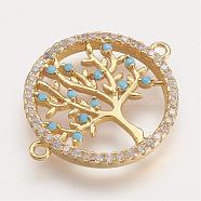 Brass Micro Pave Cubic Zirconia Links, Flat Round with Tree of Life, Golden, 24x19x2mm, Hole: 1mm(ZIRC-F048-58G)