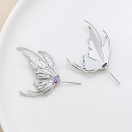 Brass Pave Medium Purple Cubic Zirconia Wing Head Pins, for Baroque Pearl Making, Platinum, 42x28mm(BAPE-PW0002-08B)