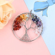 Copper Wire Gemstone Big Pendants, Flat Round Tree of Life Charms, Platinum, 50mm(PW-WG83355-01)