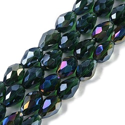 Transparent Electroplate Glass Beads Strands, AB Color Plated, Faceted, Teardrop, Dark Green, 11.5x8mm, Hole: 1.2mm, about 55~57pcs/strand, 25.59''(65cm)(EGLA-N013-T8mm-B15)