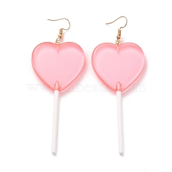 Transparent Heart-shape Lollipop Dangle Earrings for Women, Candy Color Simulation Food Drop Earrings, Golden, Pink, 97~99mm, Pin: 0.5mm(EJEW-Z015-05D)