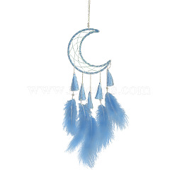 Moon Woven Net/Web with Feather Pendant Decoration, with Iron Ring and Tassels, Blue, 55cm(HJEW-PW0001-030)