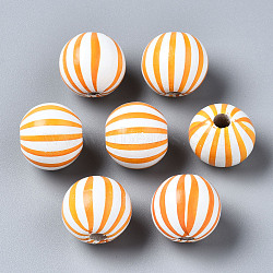 Painted Natural Wood European Beads, Large Hole Beads, Printed, Round with Stripe, Orange, 16x15mm, Hole: 4mm(WOOD-S057-043B)