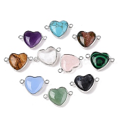 Natural & Synthetic Mixed Stone Love Heart Pendants, Brass Heart Charms, Platinum, 15.5x23x6mm, Hole: 1.8~2mm(G-T138-205M-P)