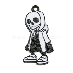 Halloween Alloy Enamel Pendants, Black, Skeleton Charm, White, 32x15x2mm, Hole: 2mm(ENAM-M220-02G-B)