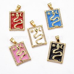 Brass Micro Pave Clear Cubic Zirconia Pendants, with Enamel, Long-Lasting Plated, Real 18K Gold Plated, Rectangle with Snake, Mixed Color, 26x17.5x2.5mm, Hole: 3.5x5.5mm(ZIRC-J025-55G)
