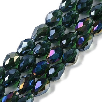 Transparent Electroplate Glass Beads Strands, AB Color Plated, Faceted, Teardrop, Dark Green, 11.5x8mm, Hole: 1.2mm, about 55~57pcs/strand, 25.59''(65cm)