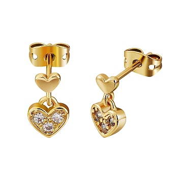Clear Cubic Zirconia Heart Dangle Stud Earrings, Brass Earrings for Women, Golden, 10x4mm, Pin: 0.8mm